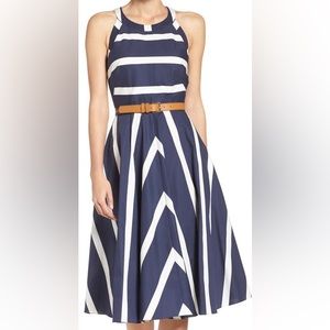 Eliza J Navy Blue And White Striped Fit And Flare Dress